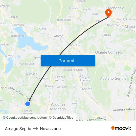 Arsago Seprio to Novazzano map