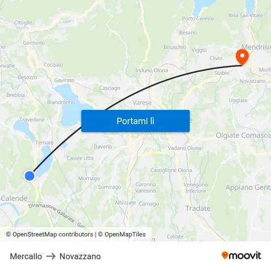 Mercallo to Novazzano map