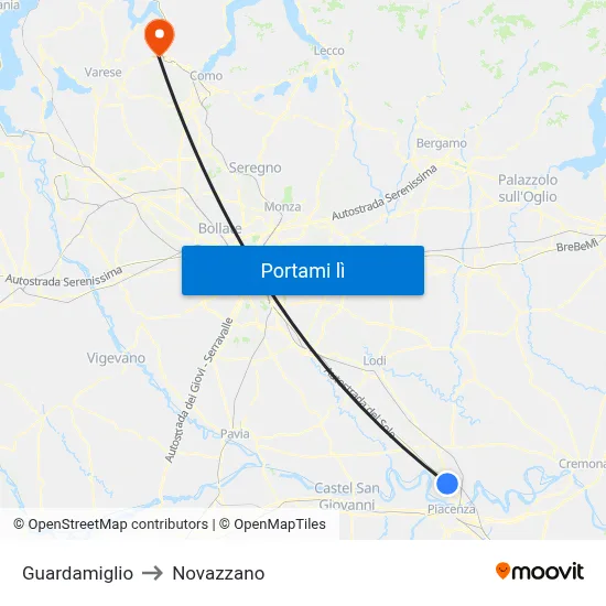 Guardamiglio to Novazzano map
