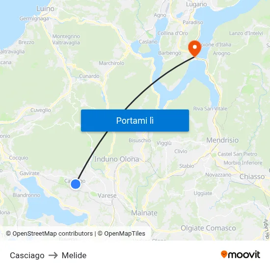 Casciago to Melide map