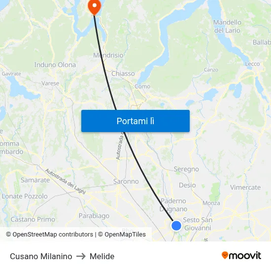 Cusano Milanino to Melide map