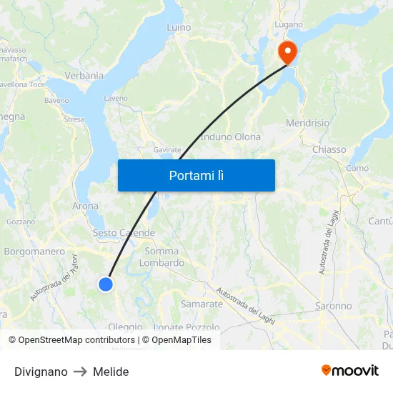 Divignano to Melide map