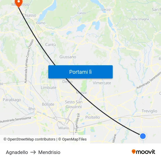 Agnadello to Mendrisio map