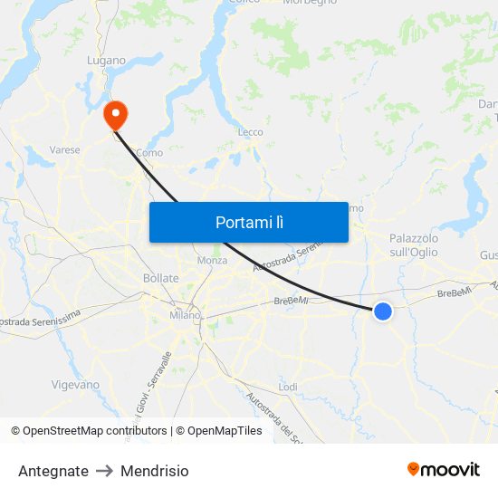 Antegnate to Mendrisio map