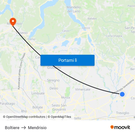 Boltiere to Mendrisio map