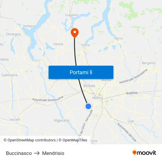 Buccinasco to Mendrisio map