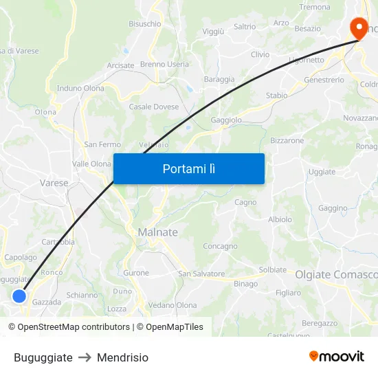 Buguggiate to Mendrisio map