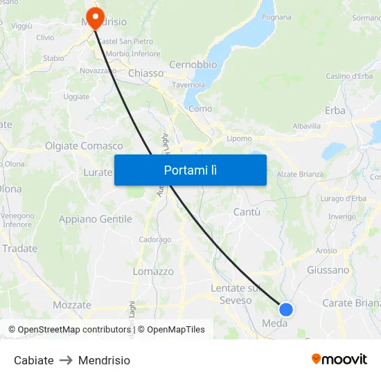 Cabiate to Mendrisio map