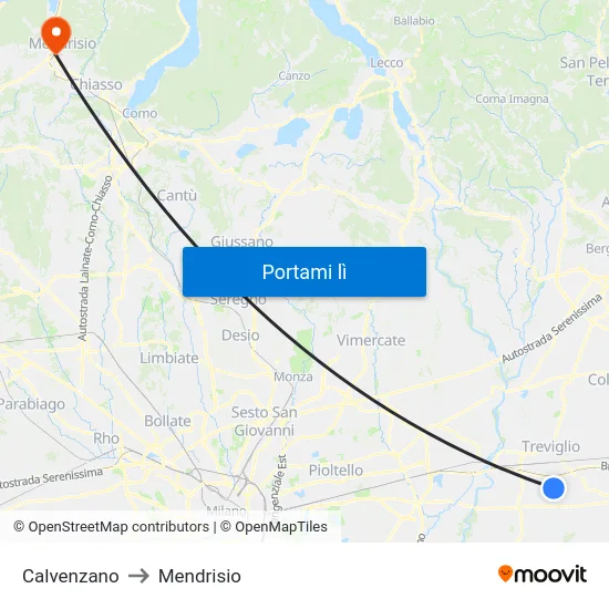 Calvenzano to Mendrisio map