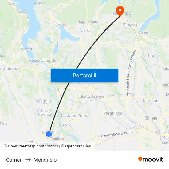 Cameri to Mendrisio map