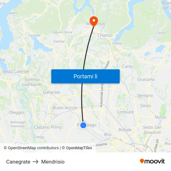 Canegrate to Mendrisio map