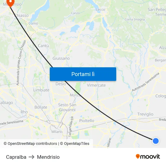 Capralba to Mendrisio map