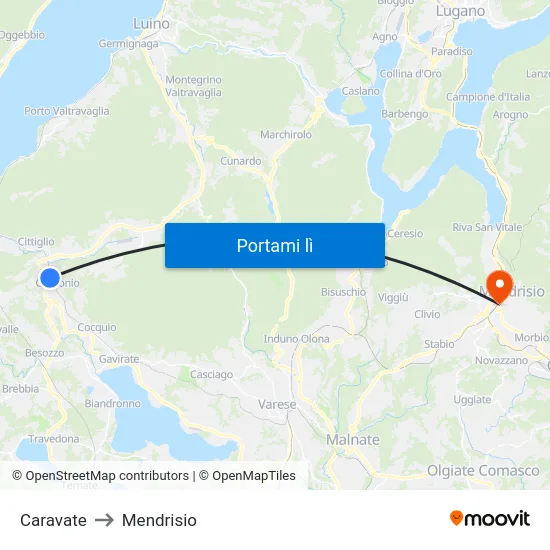 Caravate to Mendrisio map