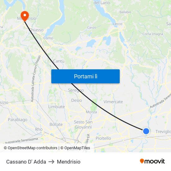 Cassano D' Adda to Mendrisio map