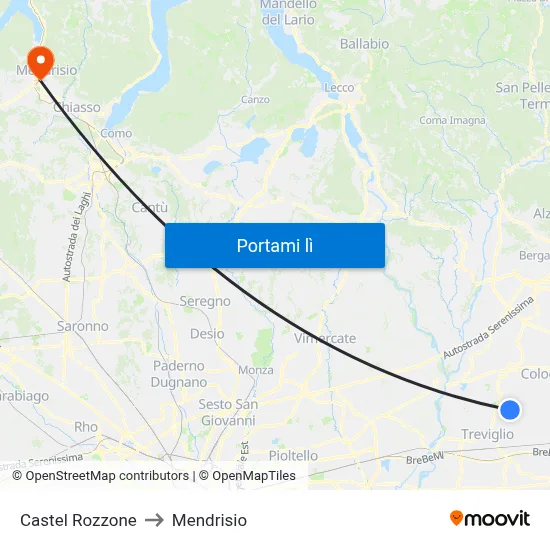 Castel Rozzone to Mendrisio map