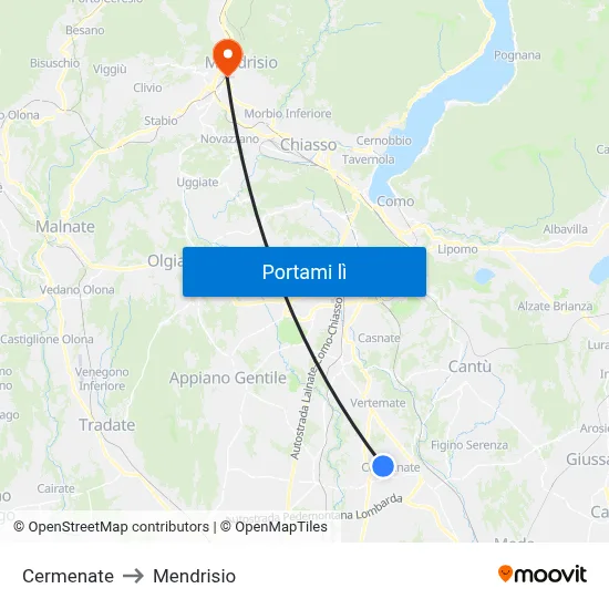 Cermenate to Mendrisio map