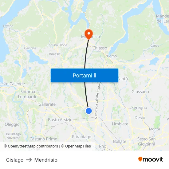 Cislago to Mendrisio map