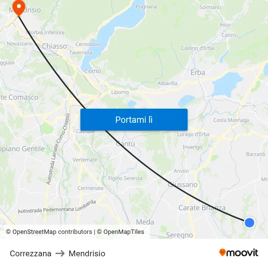 Correzzana to Mendrisio map