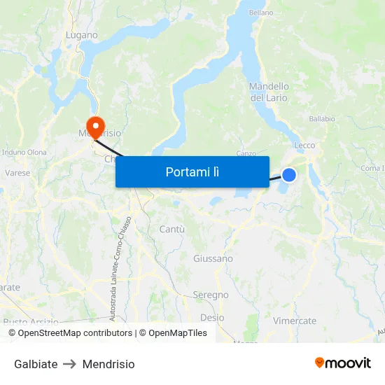 Galbiate to Mendrisio map