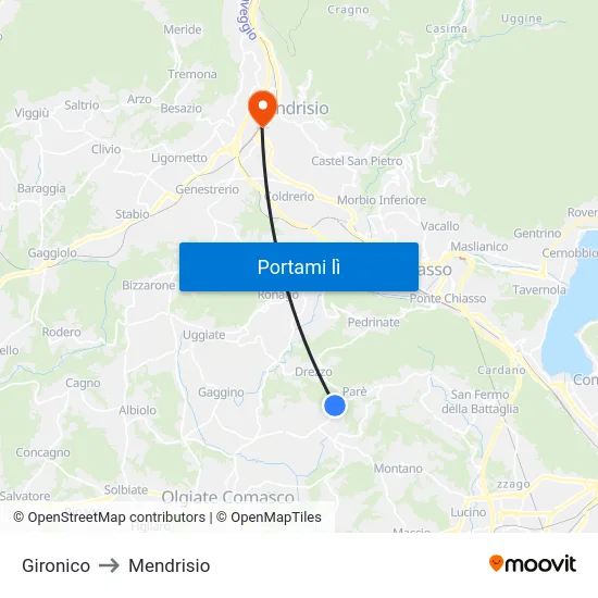 Gironico to Mendrisio map