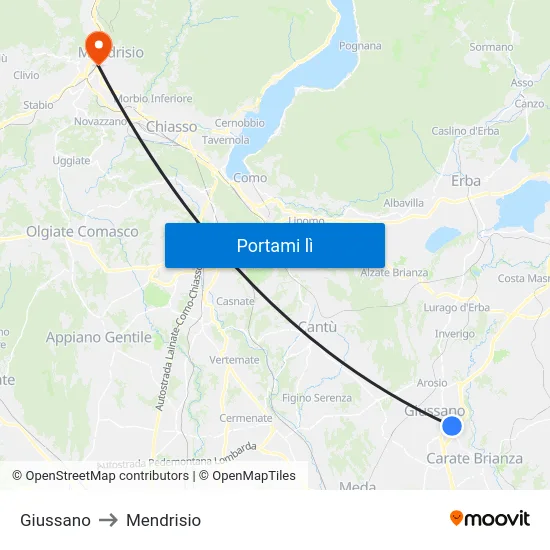 Giussano to Mendrisio map