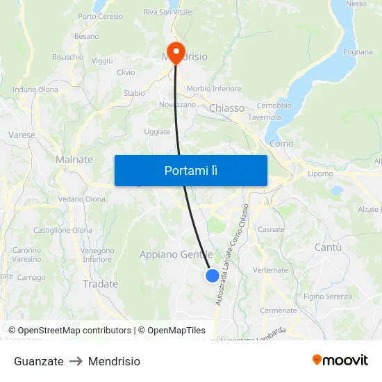 Guanzate to Mendrisio map