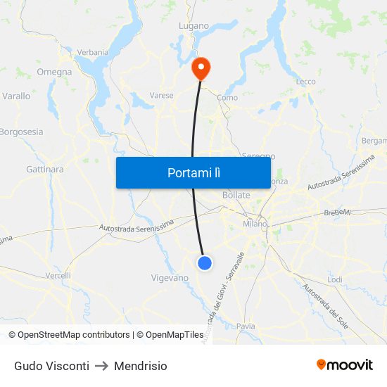 Gudo Visconti to Mendrisio map