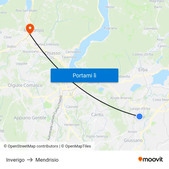 Inverigo to Mendrisio map