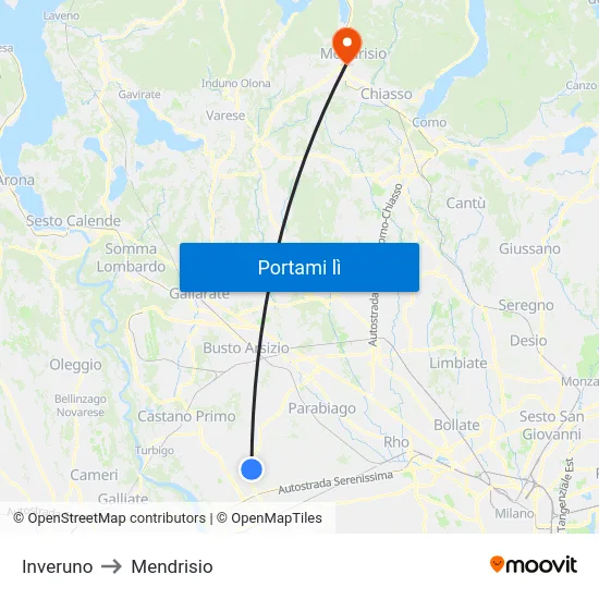 Inveruno to Mendrisio map