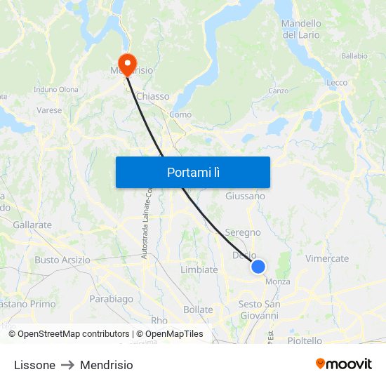 Lissone to Mendrisio map