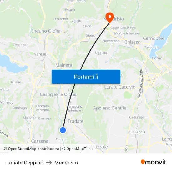 Lonate Ceppino to Mendrisio map