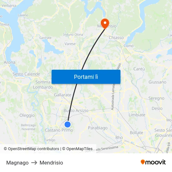 Magnago to Mendrisio map