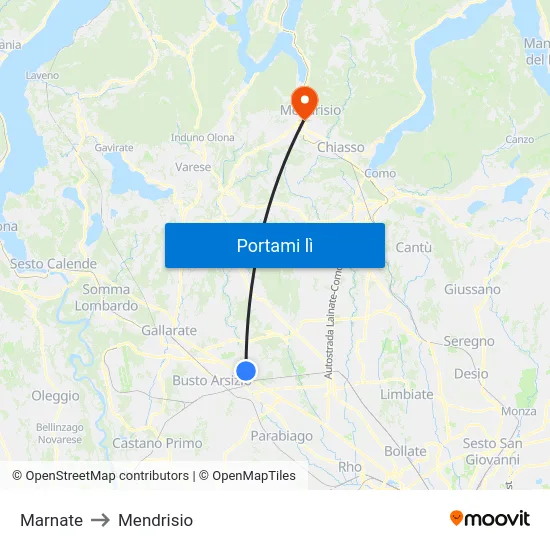 Marnate to Mendrisio map