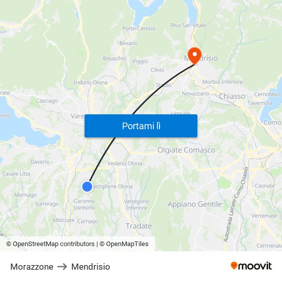 Morazzone to Mendrisio map