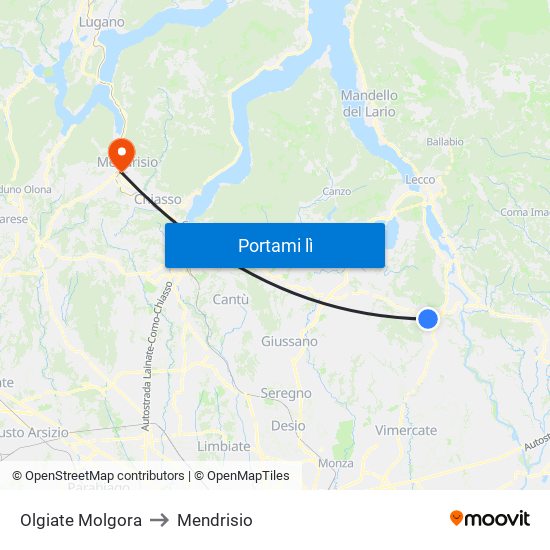 Olgiate Molgora to Mendrisio map
