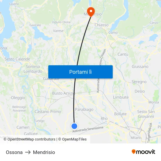 Ossona to Mendrisio map