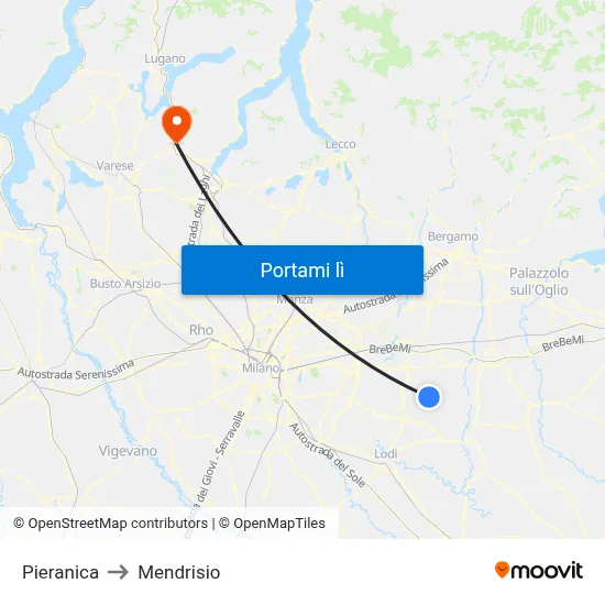 Pieranica to Mendrisio map