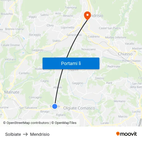 Solbiate to Mendrisio map
