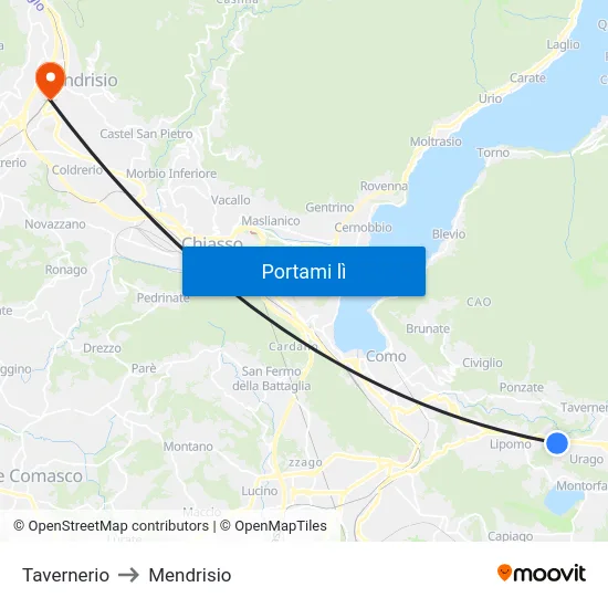 Tavernerio to Mendrisio map