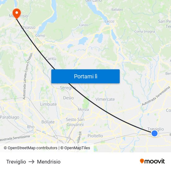 Treviglio to Mendrisio map