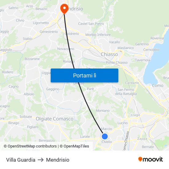 Villa Guardia to Mendrisio map