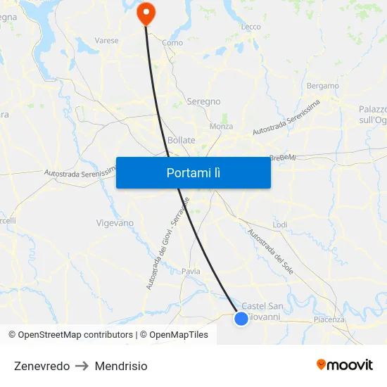 Zenevredo to Mendrisio map