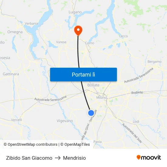Zibido San Giacomo to Mendrisio map