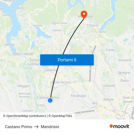 Castano Primo to Mendrisio map