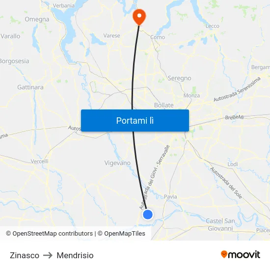 Zinasco to Mendrisio map