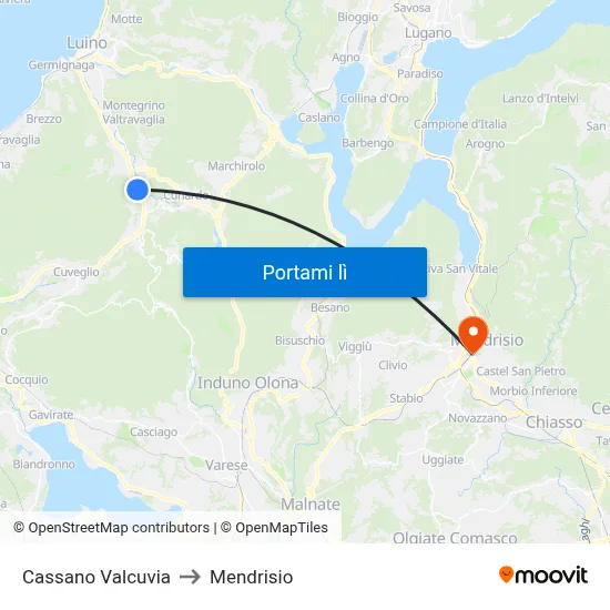 Cassano Valcuvia to Mendrisio map
