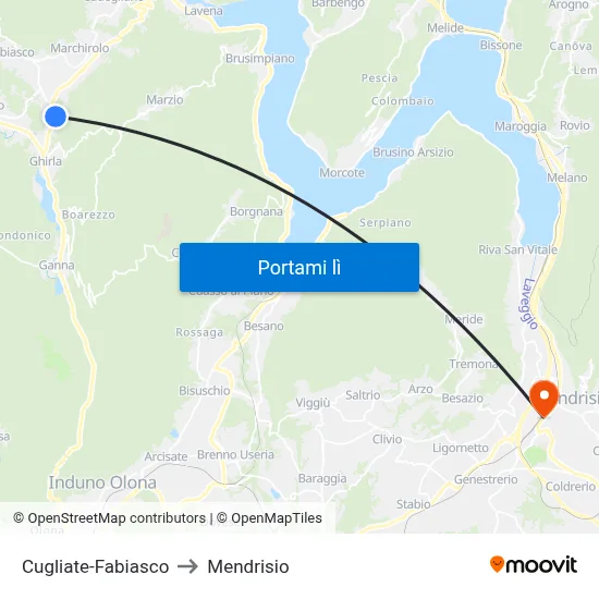 Cugliate-Fabiasco to Mendrisio map