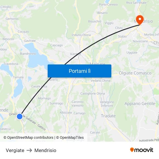 Vergiate to Mendrisio map