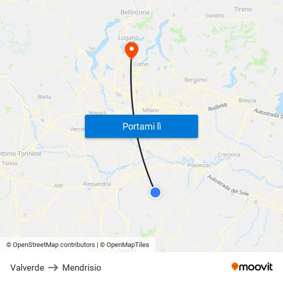 Valverde to Mendrisio map