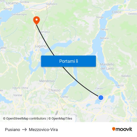 Pusiano to Mezzovico-Vira map